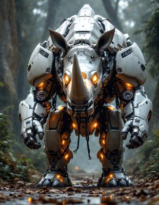 Primary subject: A robotic rhinoceros with glowing eyes.

Setting/background: A forest with trees in the background.

Visual style: The image is a digital artwork.

Colors and mood: The robotic rhinoceros has a silver color with glowing red eyes, giving it a menacing and futuristic appearance.